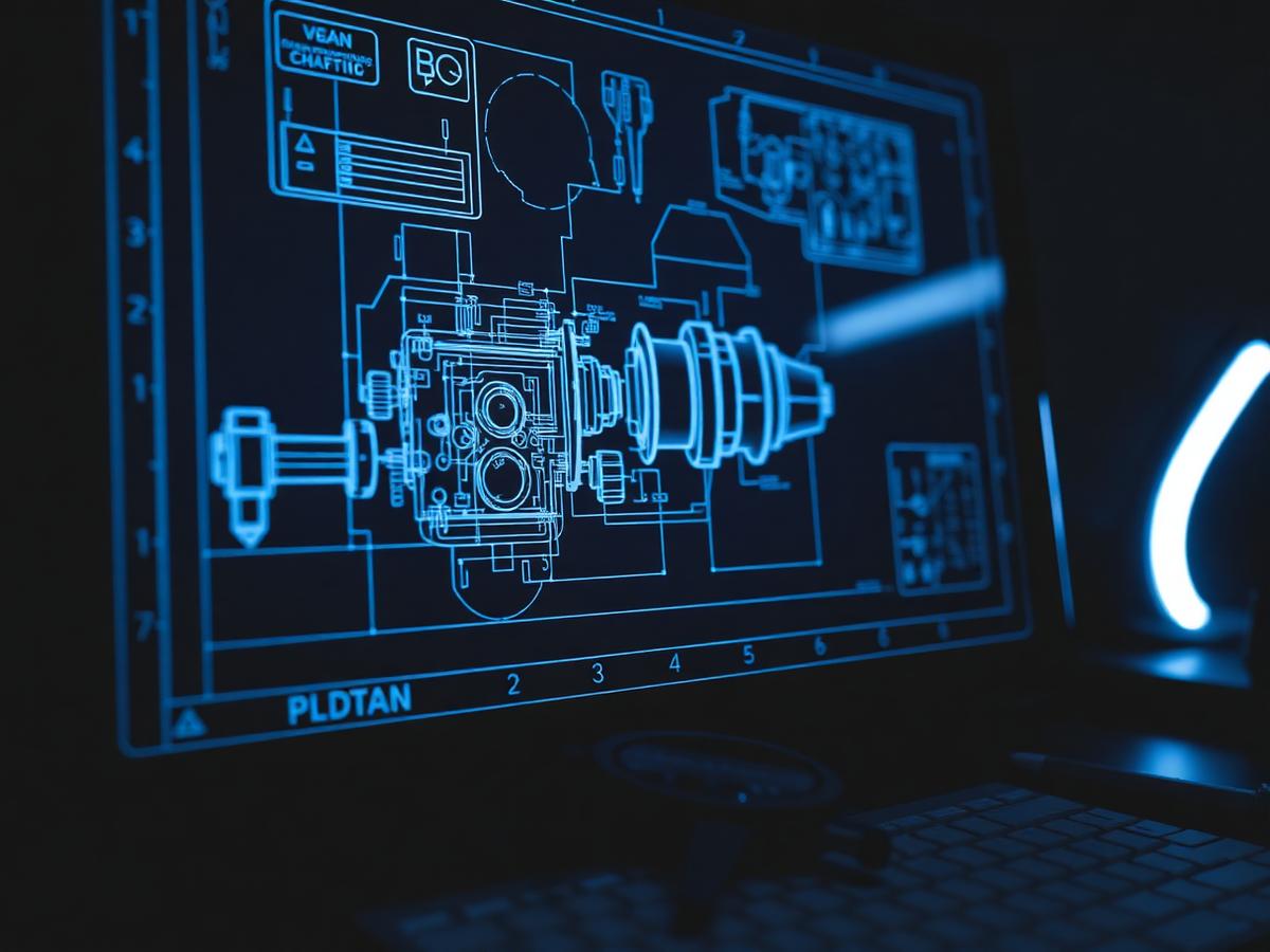 Desenho técnico de máquina exibido em tela de computador